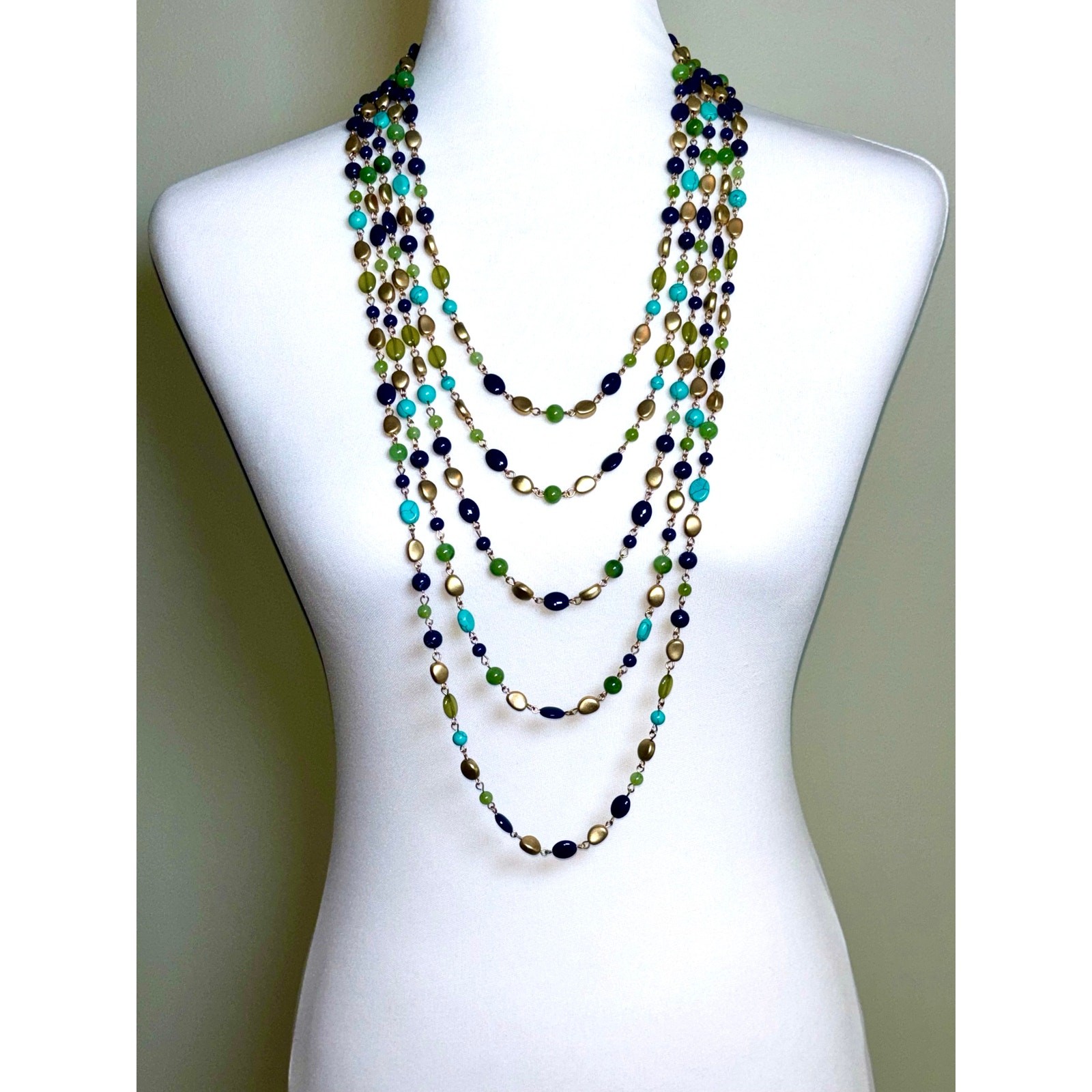 Vintage Multistrand Beaded Statement Necklace – Blue Green Gold
