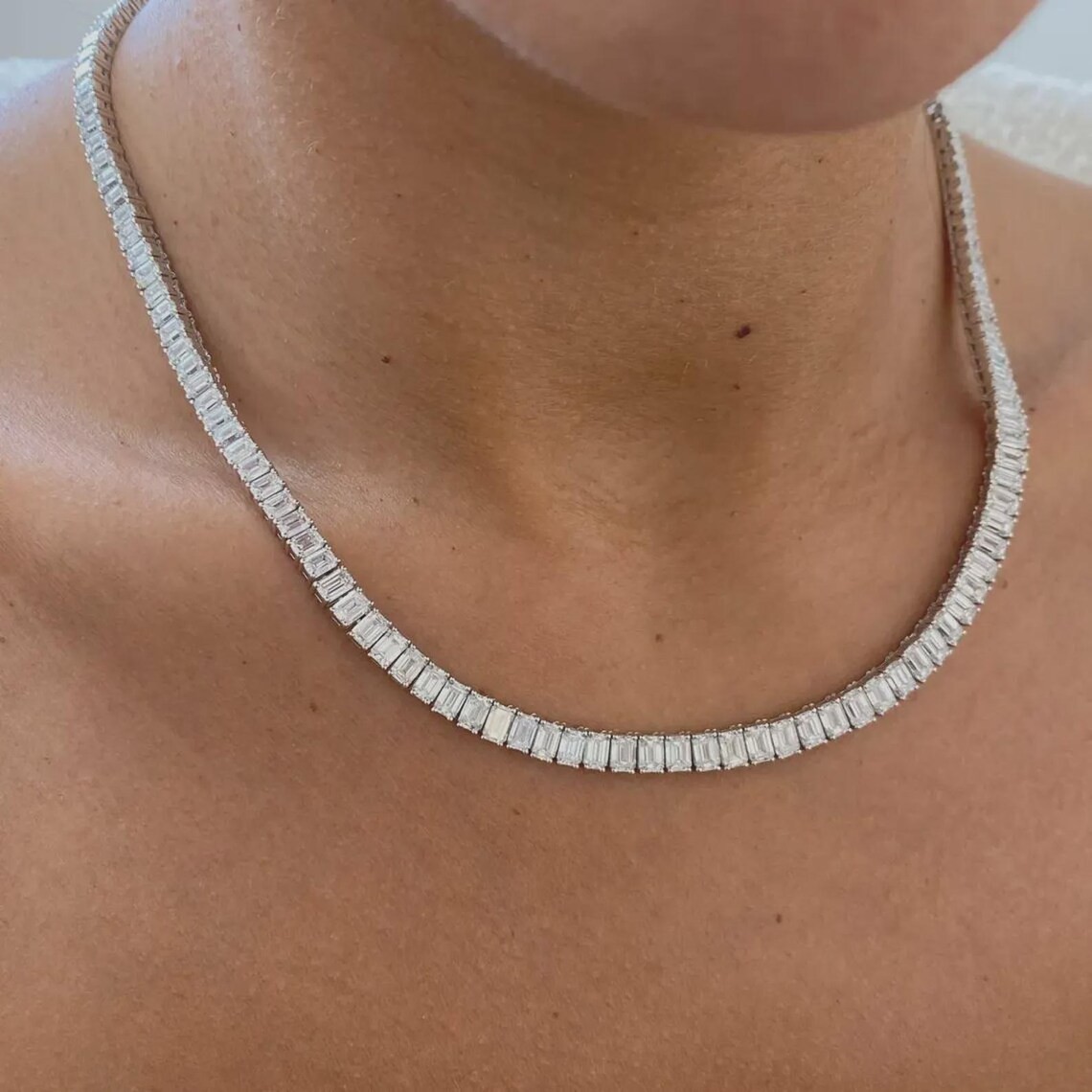Emerald Cut 33.00 Ct 100% created Diamond Tennis Necklace Hallmarked 925