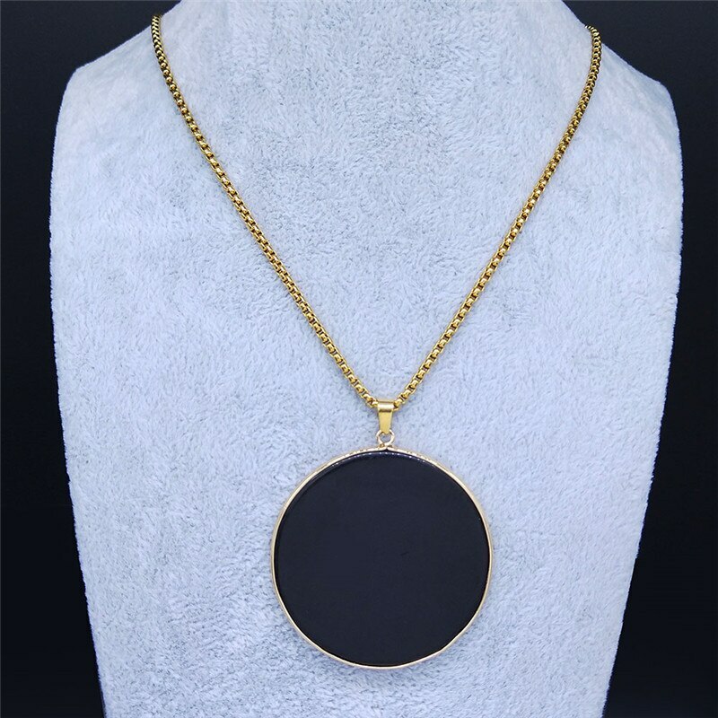 Black Obsidian Scrying Disc Gold Stainless Steel Occult Witches Prophecy Pendant