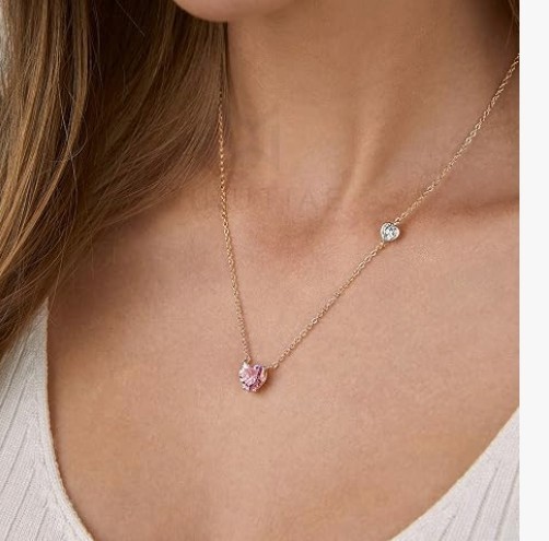 Love Heart Shape With Pink & White Diam Pendant Necklace extendable chain
