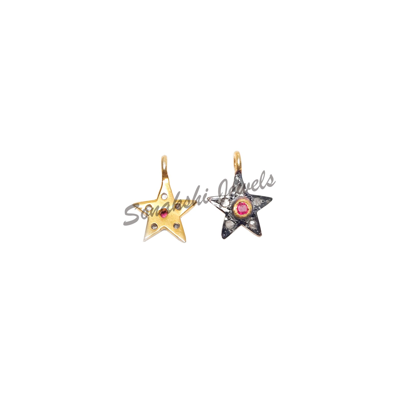 Handmade Diamond & Ruby Star Charm Pendant 925 Sterling Silver Pendant