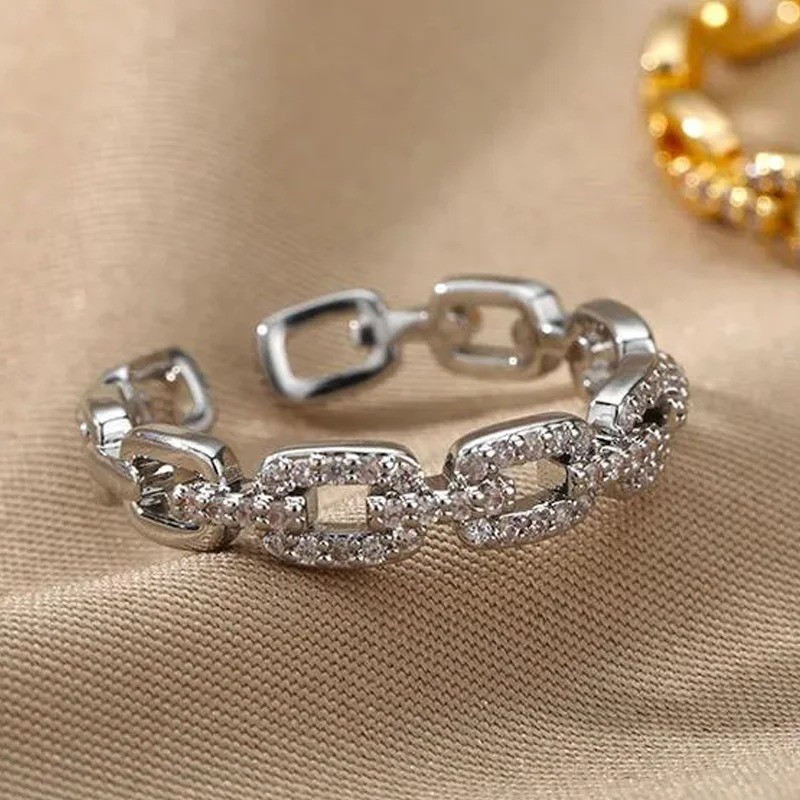 Gold stainless steel chain ring Zirconia Pave Fashion Fine Womens Jewelry Gift