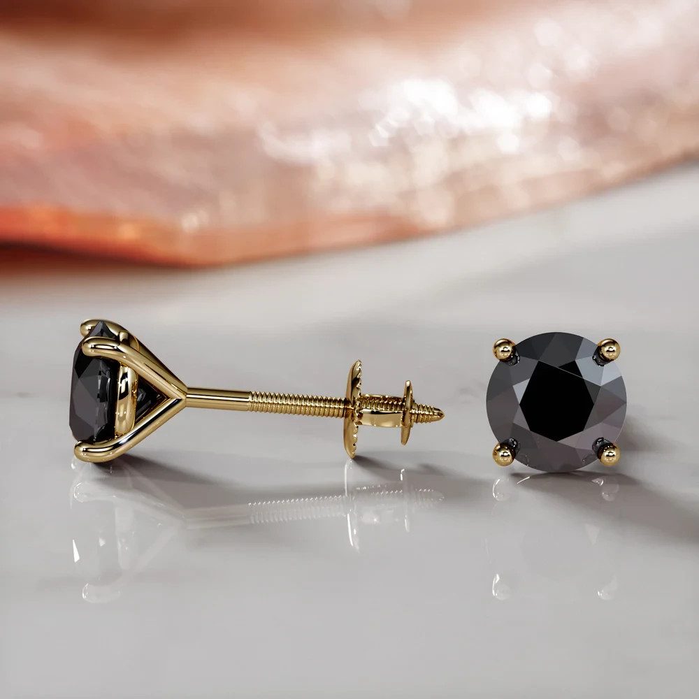 Natural Black Diamond Stud Earrings Martini Setting 14K Gold ScrewBack Men Women