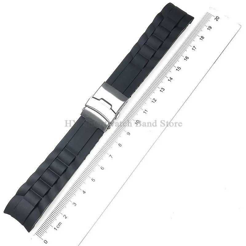 Curved End Black Waterproof Silicone Rubber Watch Strap Band 16 18 20 22 24 26mm