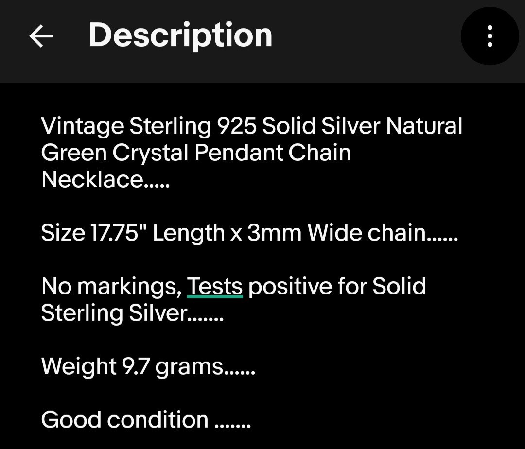 Vintage Sterling 925 Solid Silver Flourite Pendant Chain 17.75″ Necklace 3mm W