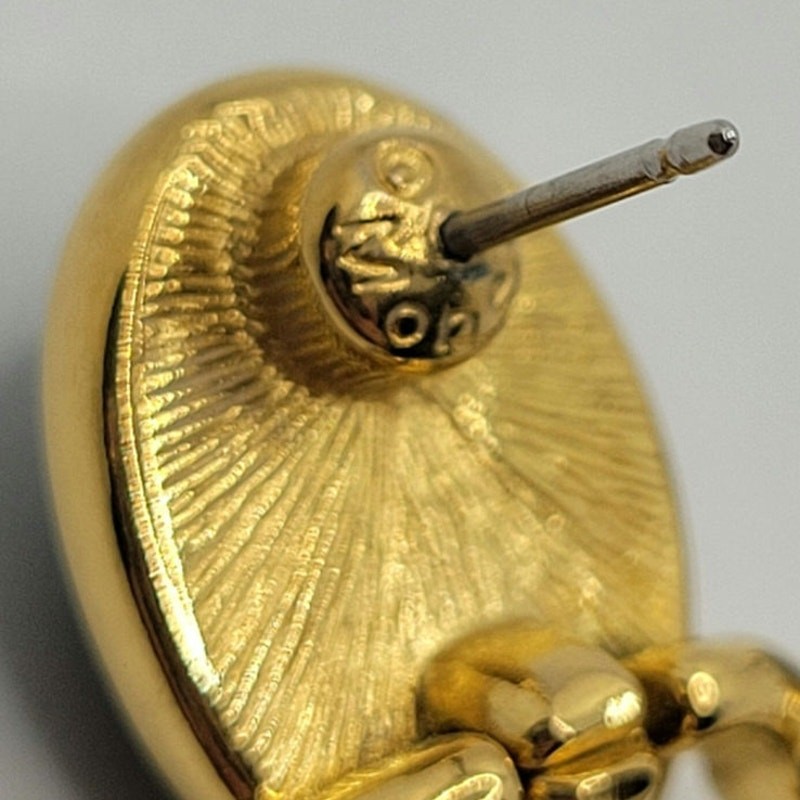 Vintage Signed Monet Door Knocker Earrings Oval Navy Blue Cabochon Goldtone 1990