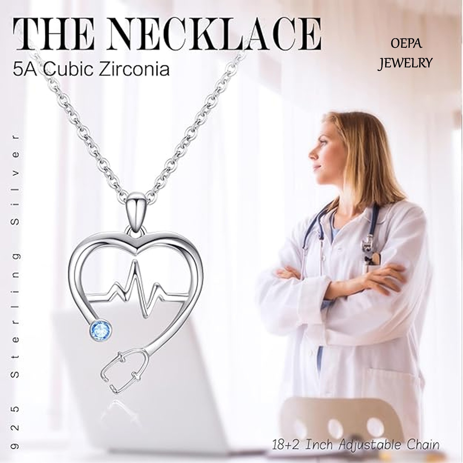 Nurse Necklace 925 Sterling Silver Stethoscope Heartbeat Necklace for Women