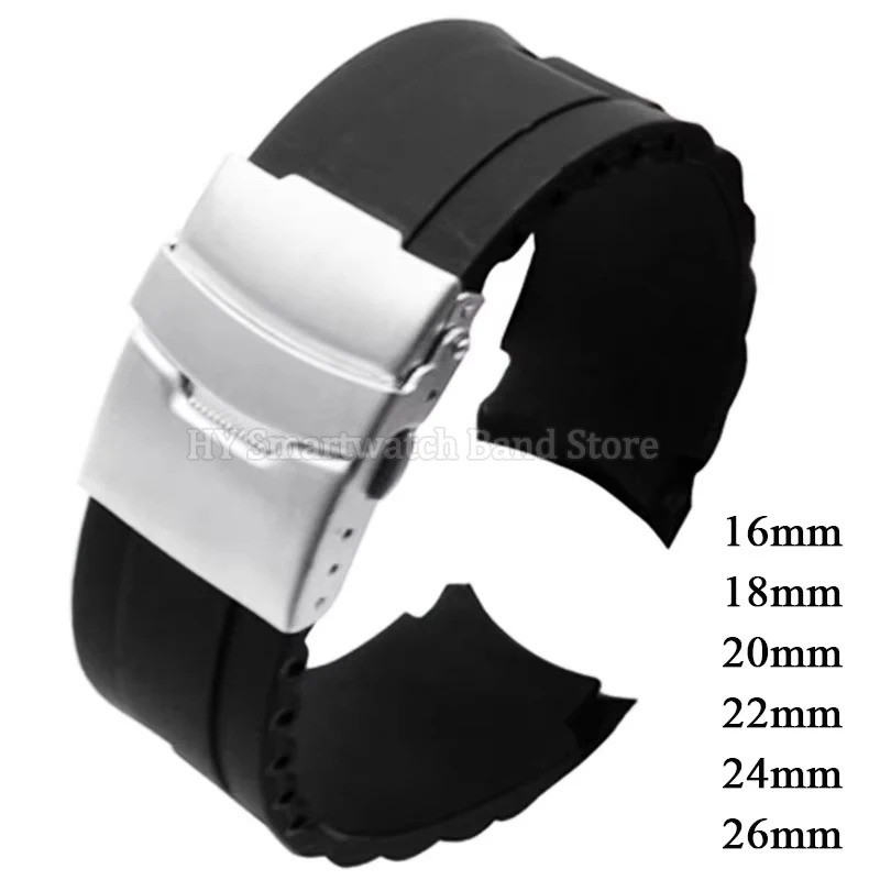 Curved End Black Waterproof Silicone Rubber Watch Strap Band 16 18 20 22 24 26mm