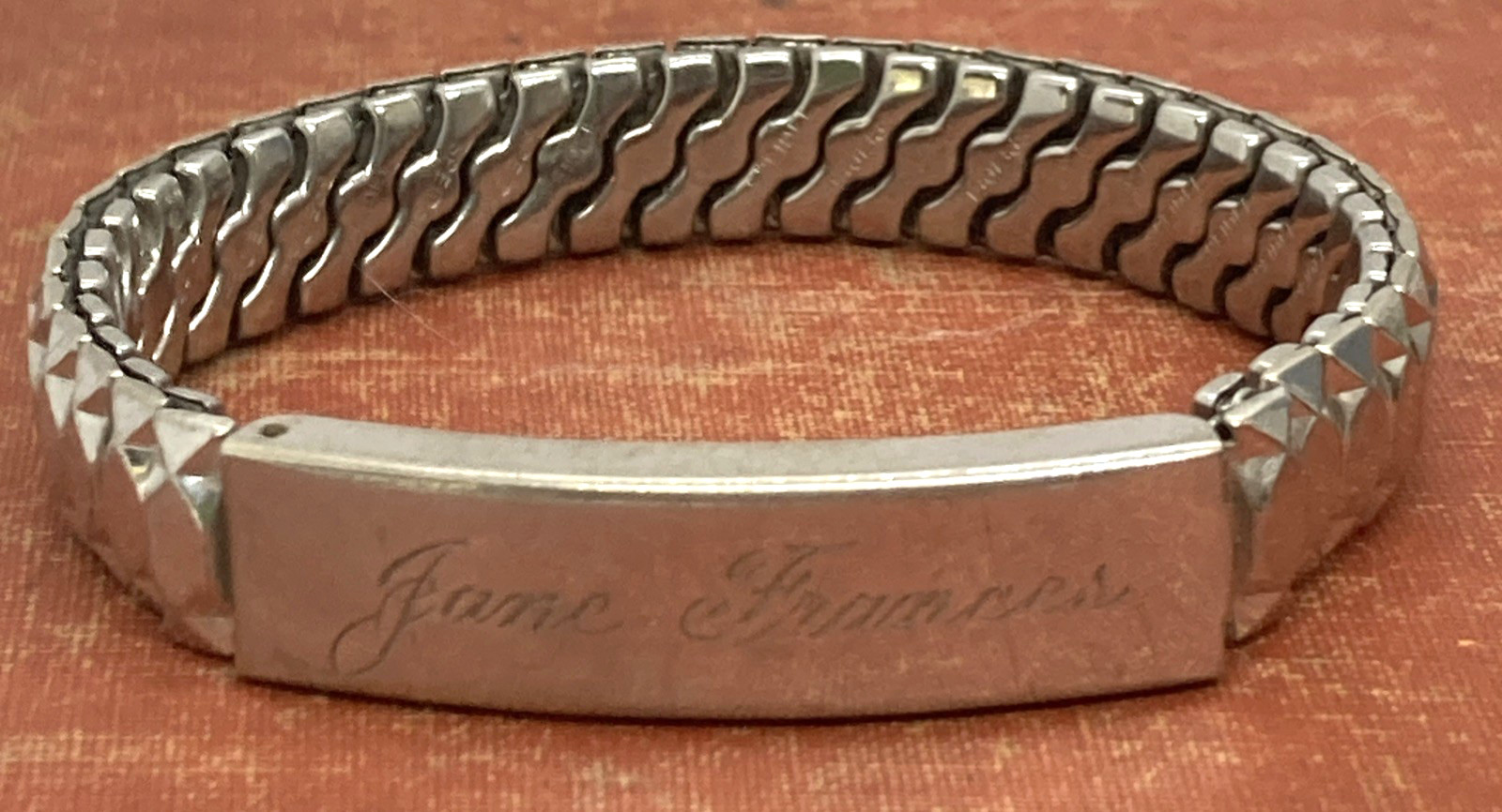 Vintage signed Spiedel expansion ID Bracelet Engraved “Jane Frances” silver tone
