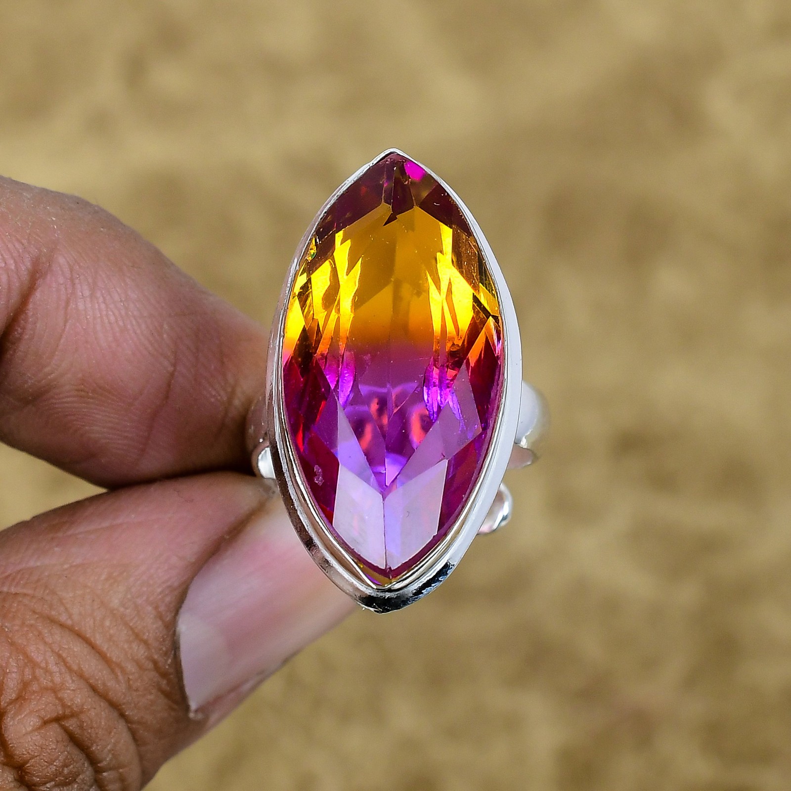 Natural Ametrine Marquise Gemstone Adjustable Ring 925 Sterling Silver Jewelry