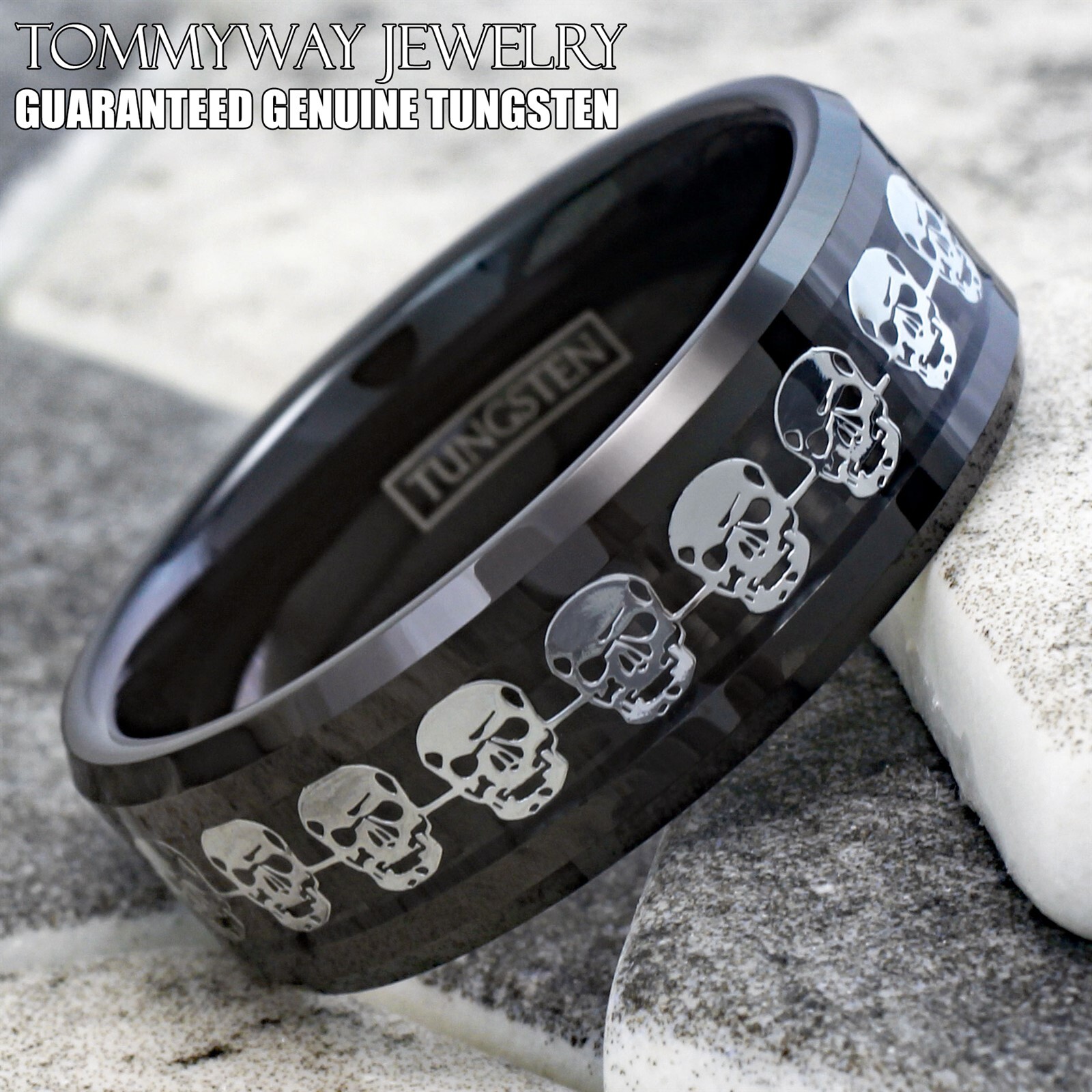 Black Tungsten Carbide Men’s Silver Skull over Carbon Fiber Wedding Band Ring