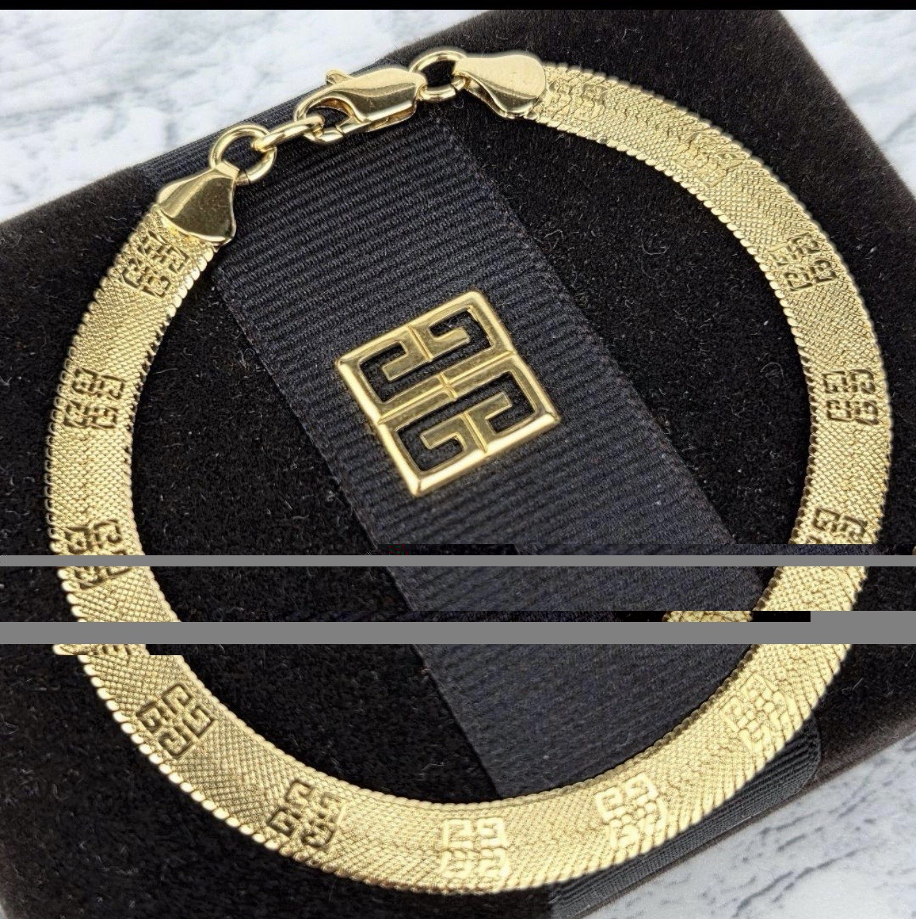 Auth Vintage GIVENCHY 4G Logo Flat Herringbone Chain Bracelet Gold Plated Luxury