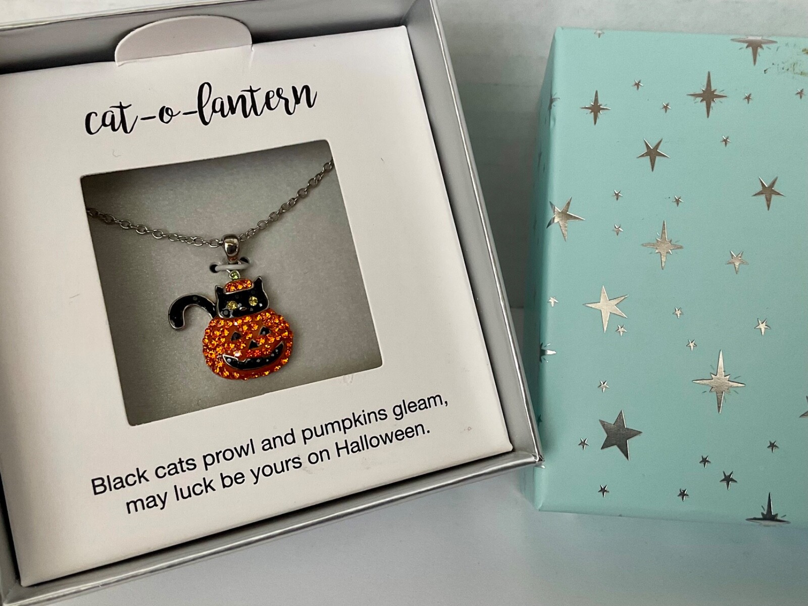Halloween Black Cat & Pumpkin Necklace Pave Rhinestones Silver Tone 18” Chain