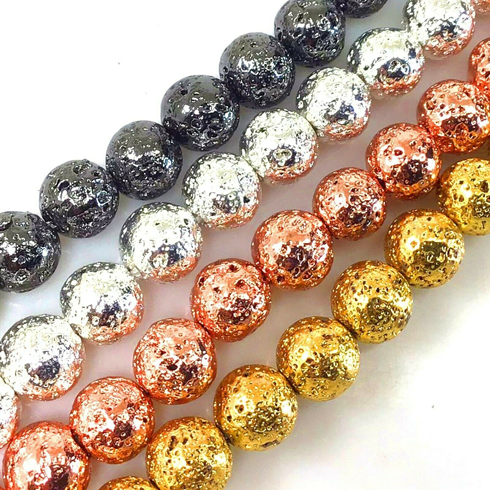 Lava Round Bead Natural Volcanic Titanium 4 6 8 10 12 Metallic Coated 15″ Strand