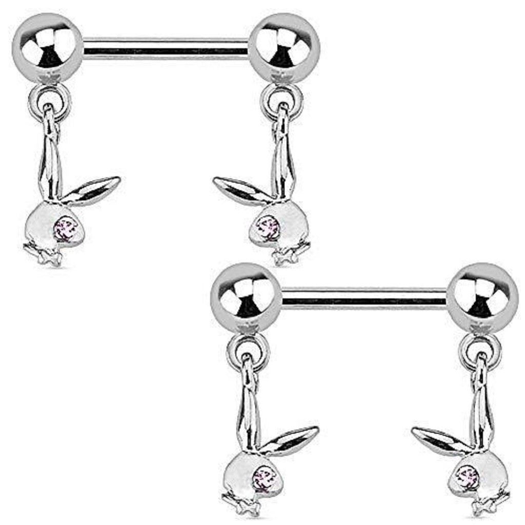 Playboy Bunny Single Gem Dangle 316L Surgical Steel Nipple Bar sold as a pair