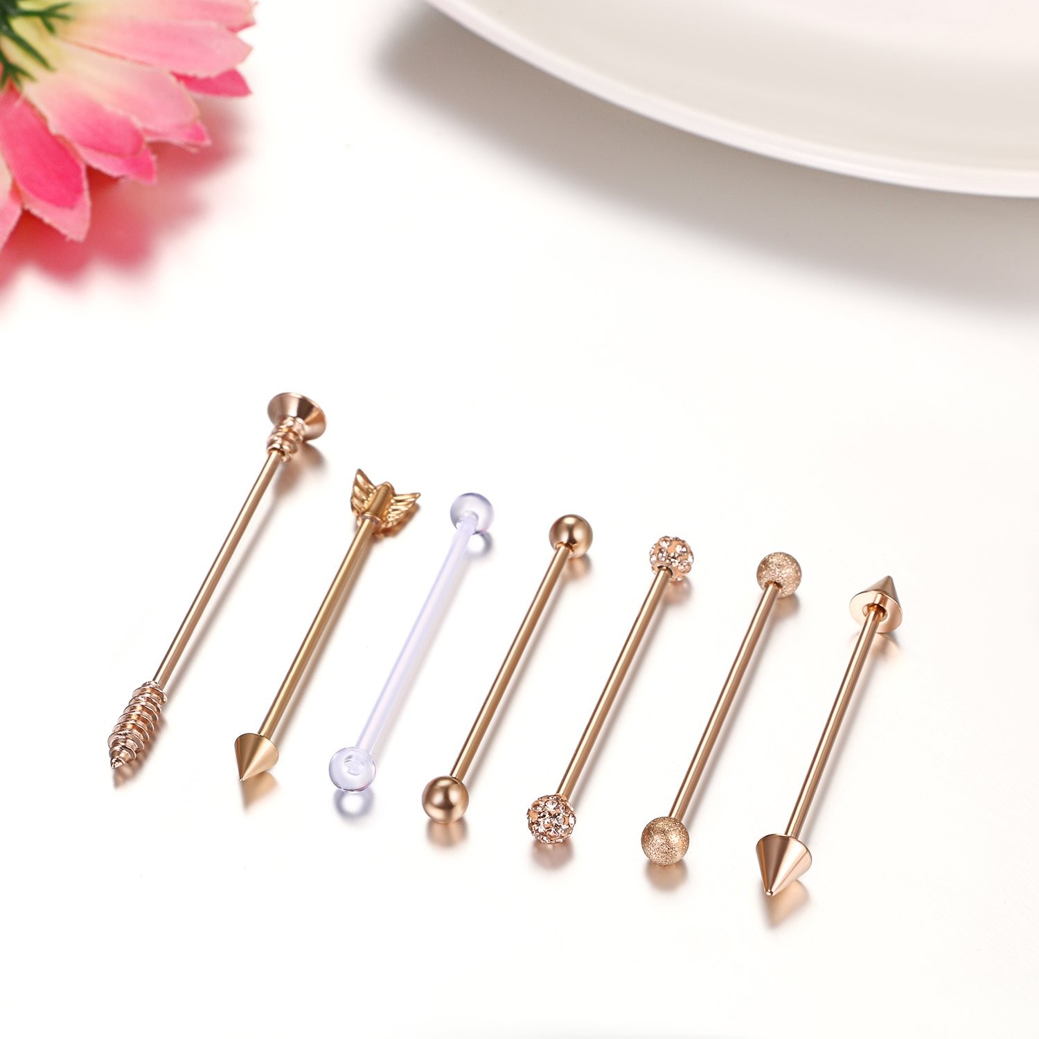 7PCS 14G 38mm Industrial Barbell Earrings Arrow Ear Cartilage Piercing Jewelry