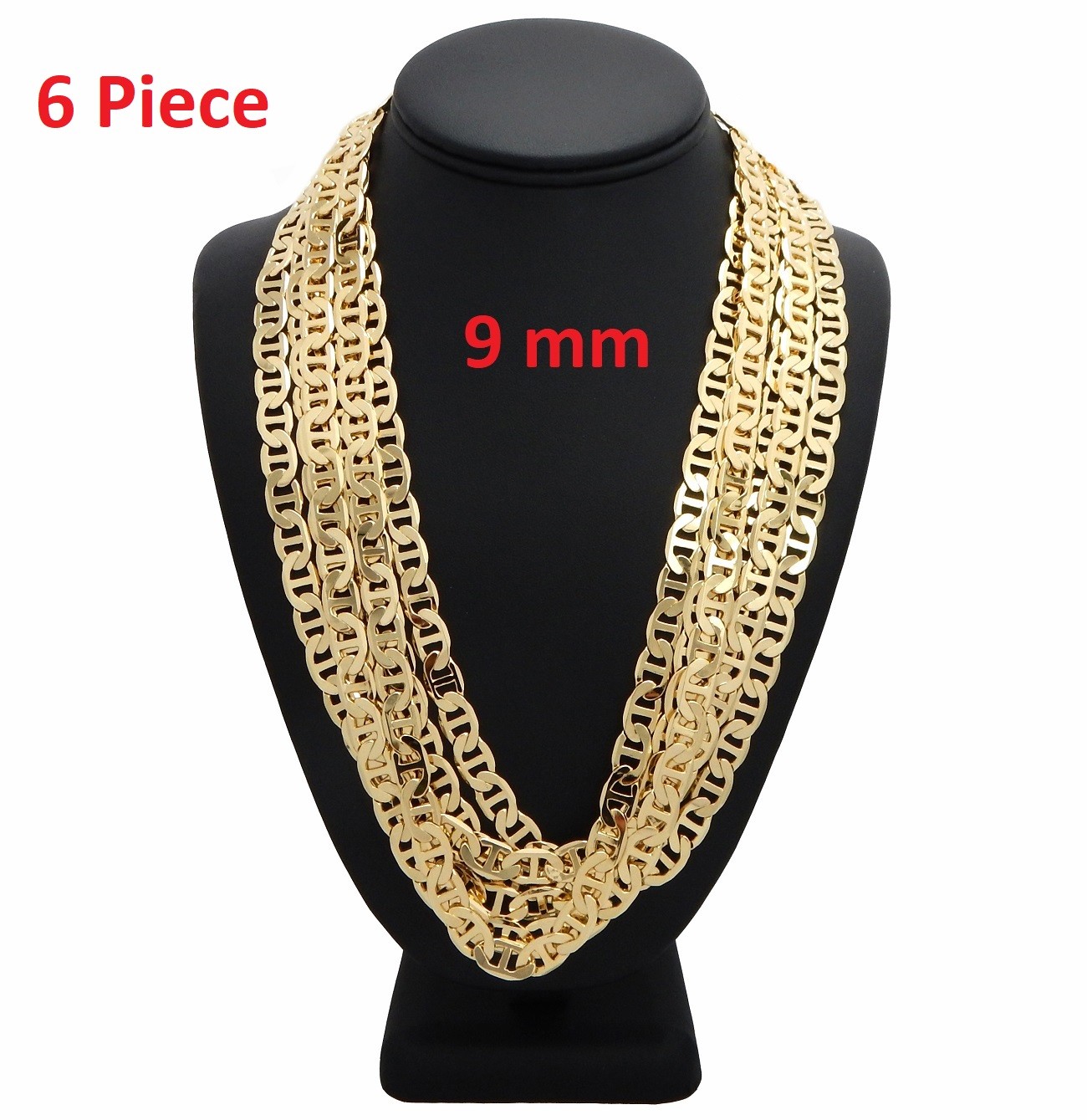 9mm 6 Piece Mariner Anchor Chain Necklace 20″ 24″ 30″ Gold Finish Wholesale lots