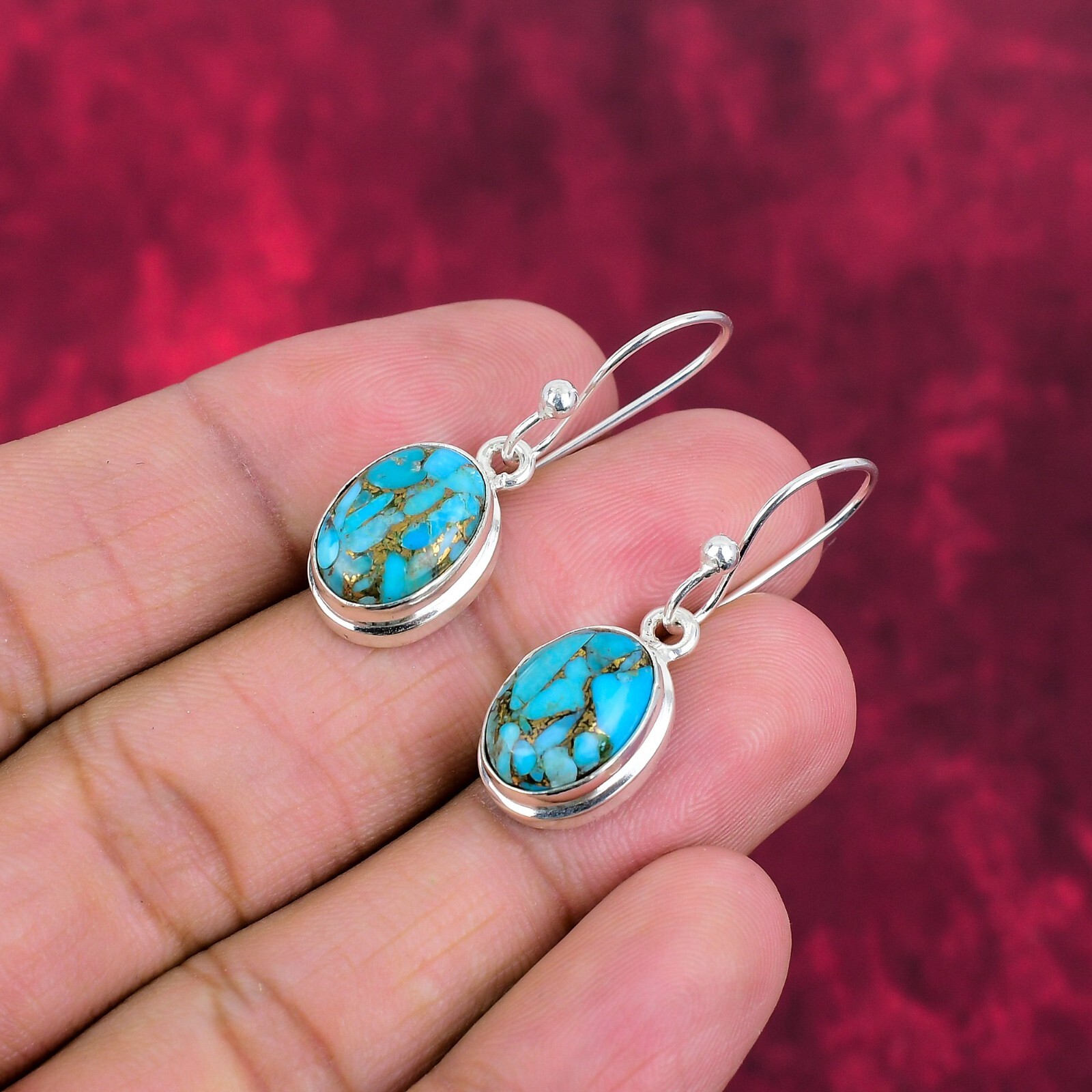 Blue Copper Turquoise Gemstone Handmade 925 Sterling Silver Earrings Jewelry