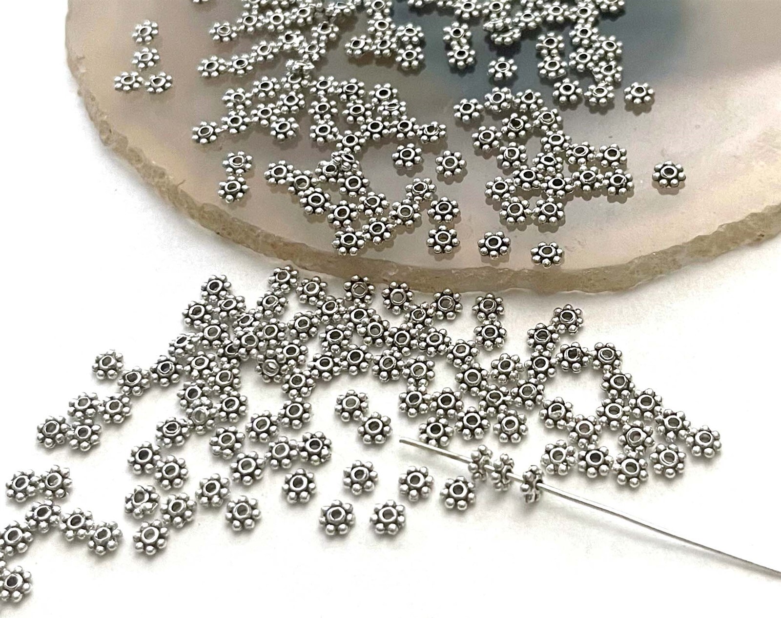 50 Antique Silver Pewter Daisy Flower Spacer Tiny Beads 4mm