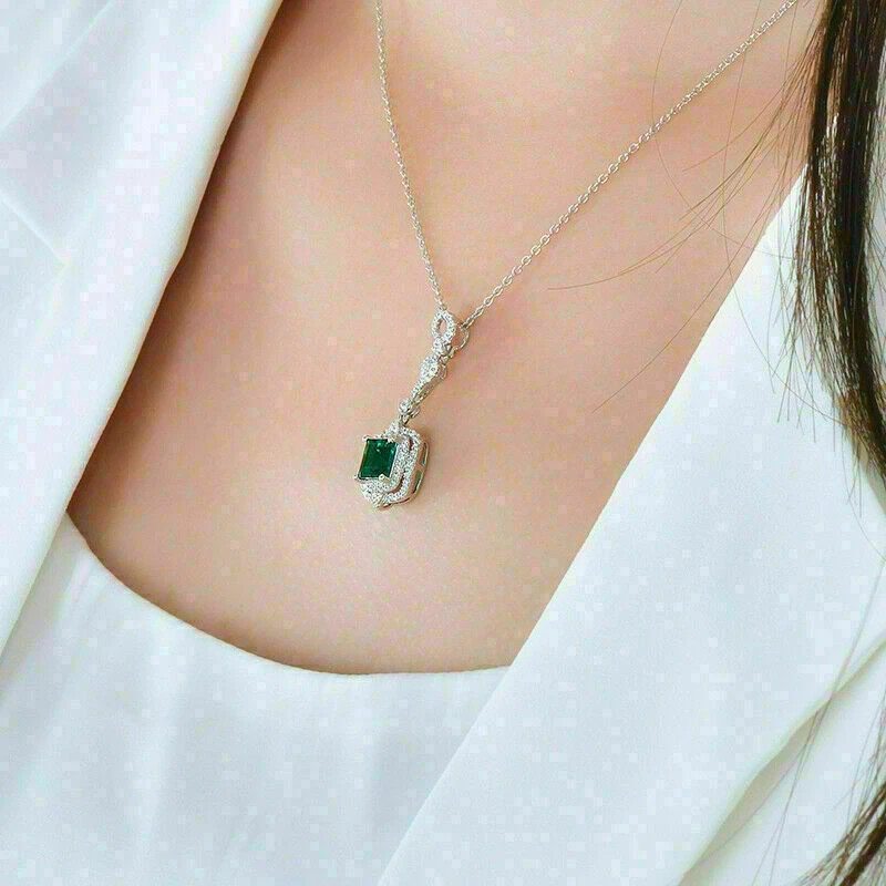 4Ct Princess Cut Green Emerald Halo Pendant 18″ Free Chain 14K White Gold Finish