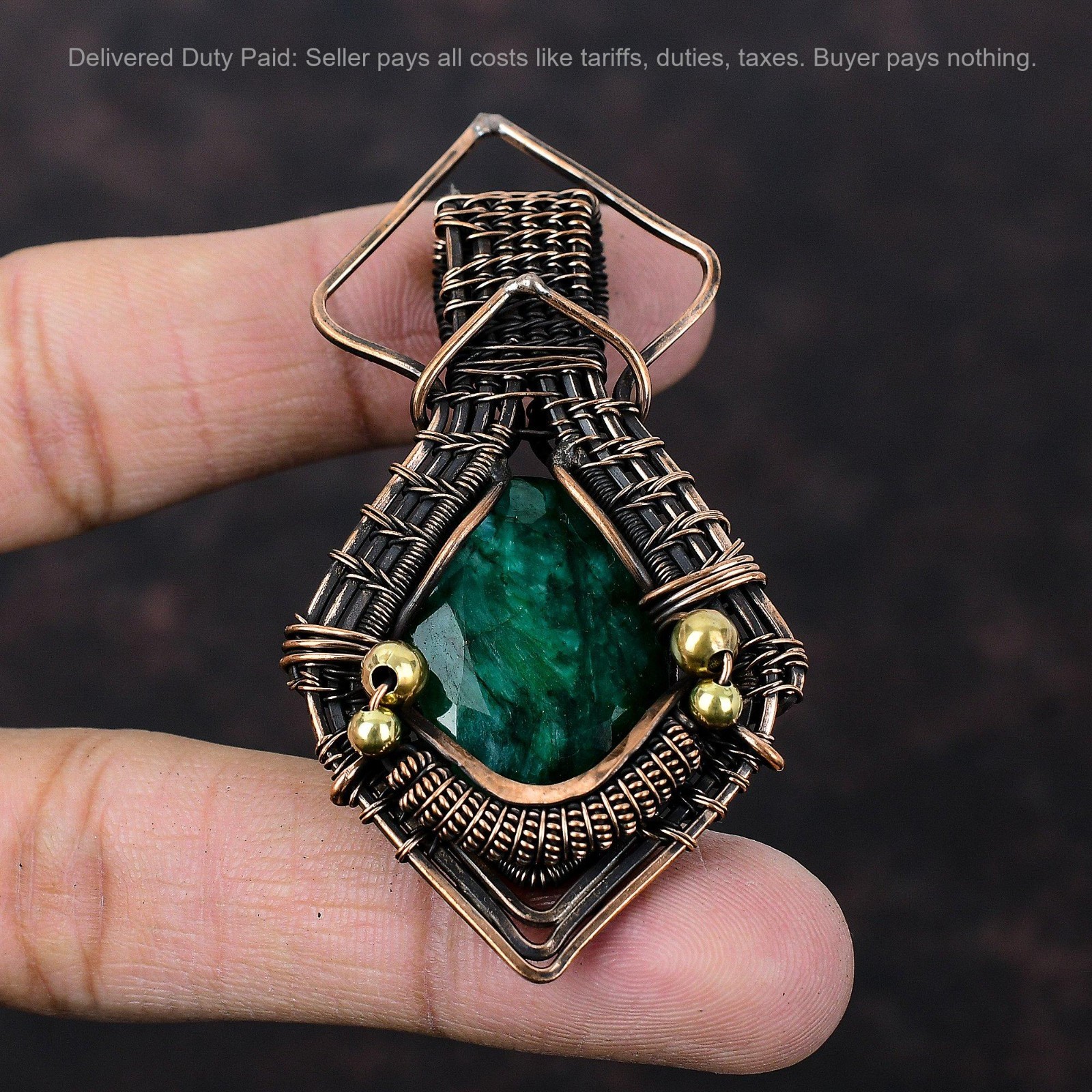 Oval Zambian Emrald Stone Copper Wedding Wire Wrapped Anniversary Sister Pendant