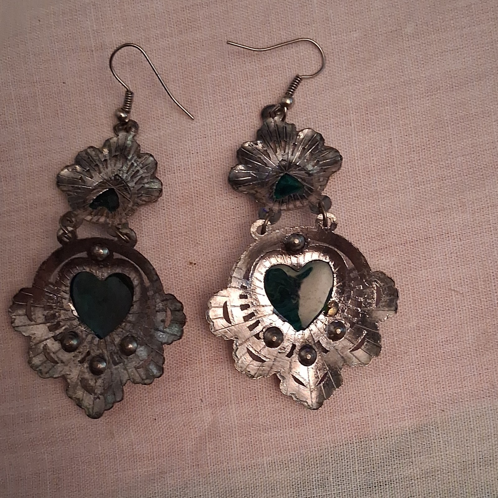 Green Heart Dangle/Drop Earrings, Hook Closure, Bohemian Theme