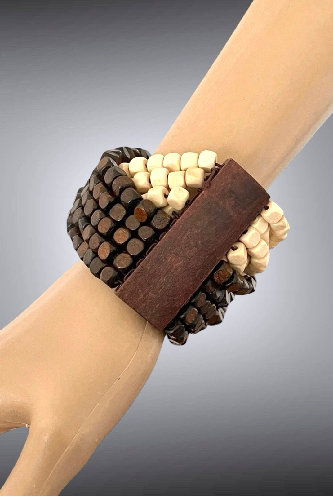 2.3/8 Wide Beige Brown Lightweight Statement Stretchable Wooden Wood Bracelet