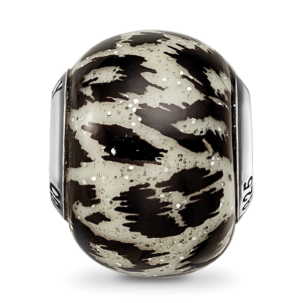 Silver Reflections White & Black w/Glitter Overlay Glass Bead QRS2265