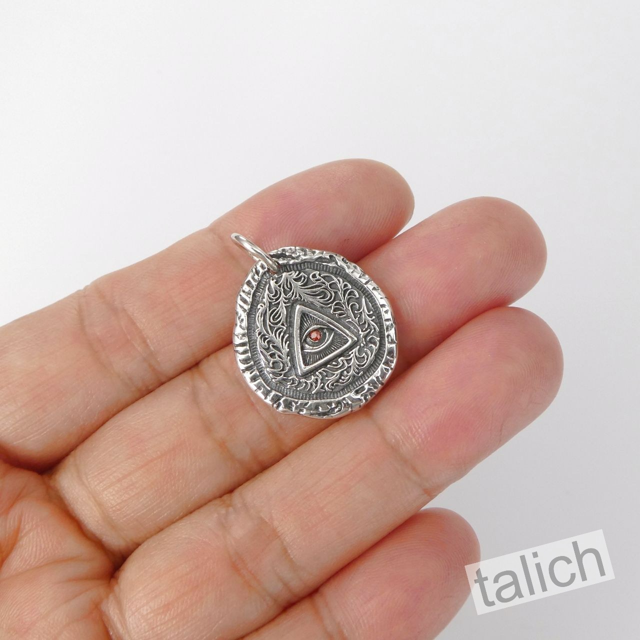 925 Sterling Silver Ornate Scrolls Red CZ All Seeing Eye Charm Amulet Pendant