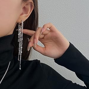 Long Tassel Dangle Drop Earrings for Woman Tassel Dangling Earrings 925 Silver