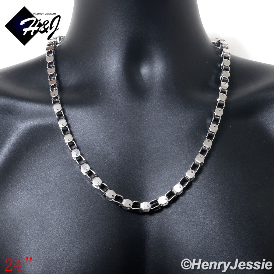 24″MEN’s Stainless Steel 7mm Silver Box Bike Link Chain Necklace*N169