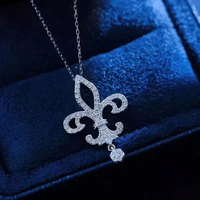 1.50Ct Round Cut Simulated Diamond Fleur-De-Lis Pendant 14K White Gold Plated