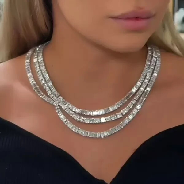 60Ct Marquise & Emerald Cut Lab Created Sapphire Three-Layer Statement Necklace