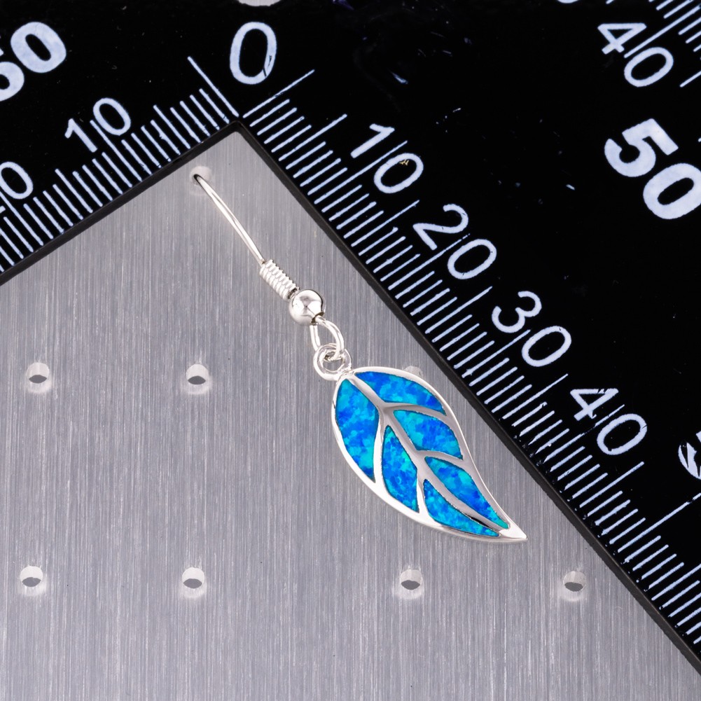 Nature Leaf Shape Ocean Blue Fire Opal Silver Jewelry Dangle Drop Earrings