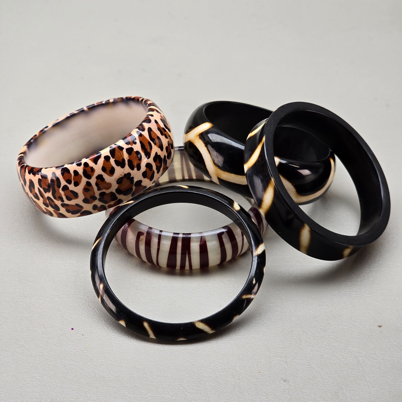 Bangle Bracelet Lot Chunky Resin Acrylic Leopard Print Faux Horn Statement
