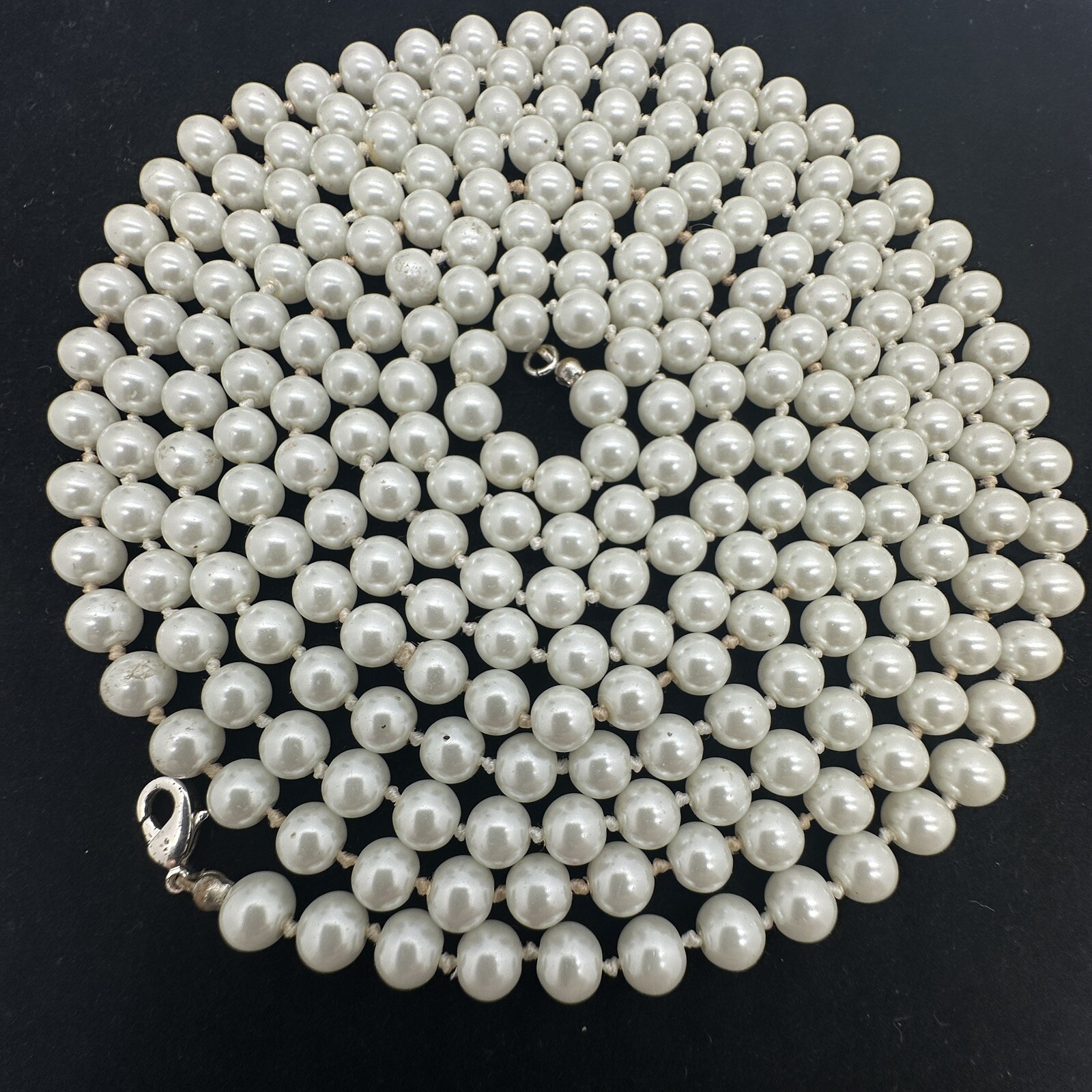 Ivory Acrylic Faux 7mm Pearl Brown Hand Knotted Long Necklace 36 inches Vintage