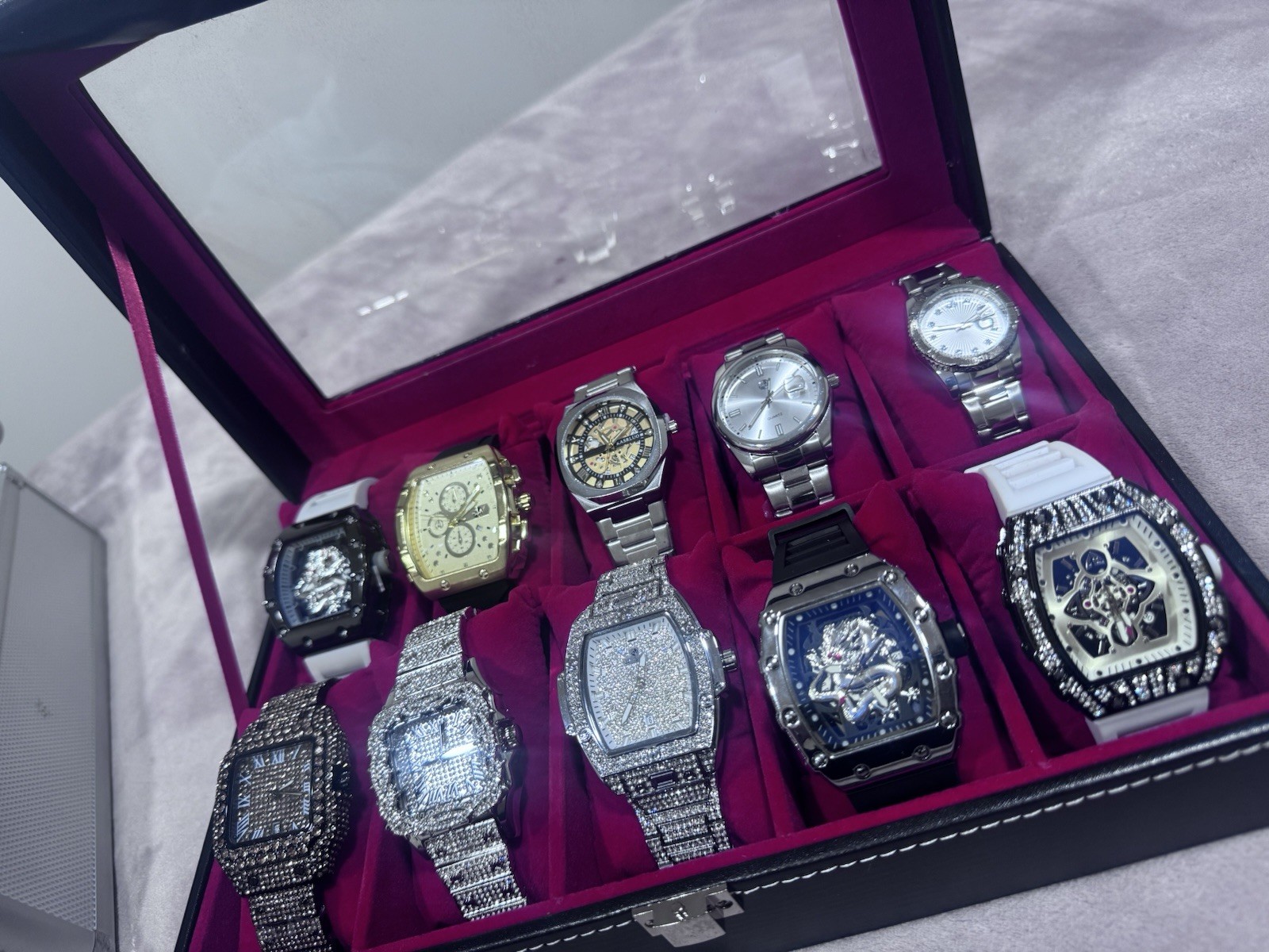 Lot of 10 Assorted Unisex Adult Wristwatches in Display Case