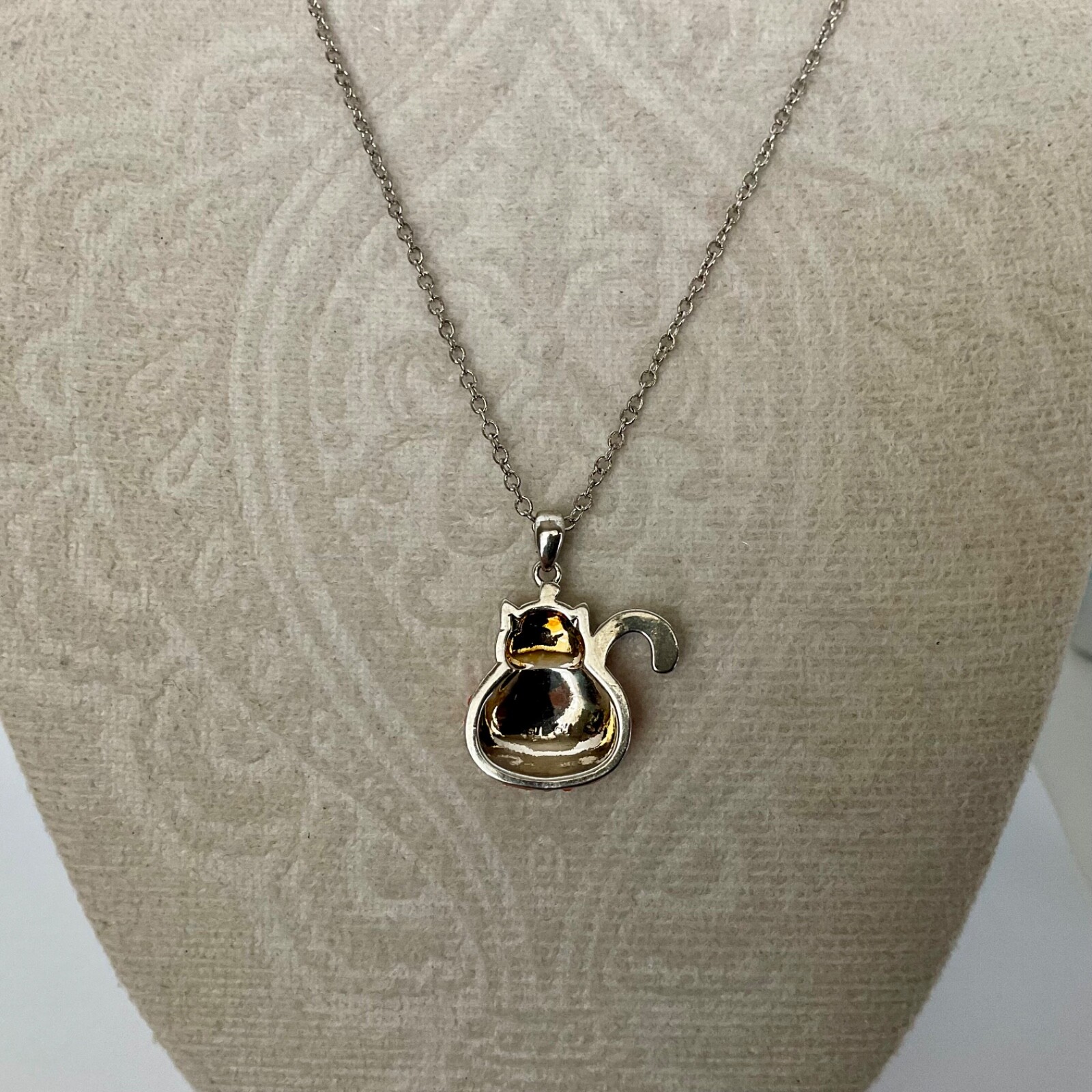 Halloween Black Cat & Pumpkin Necklace Pave Rhinestones Silver Tone 18” Chain