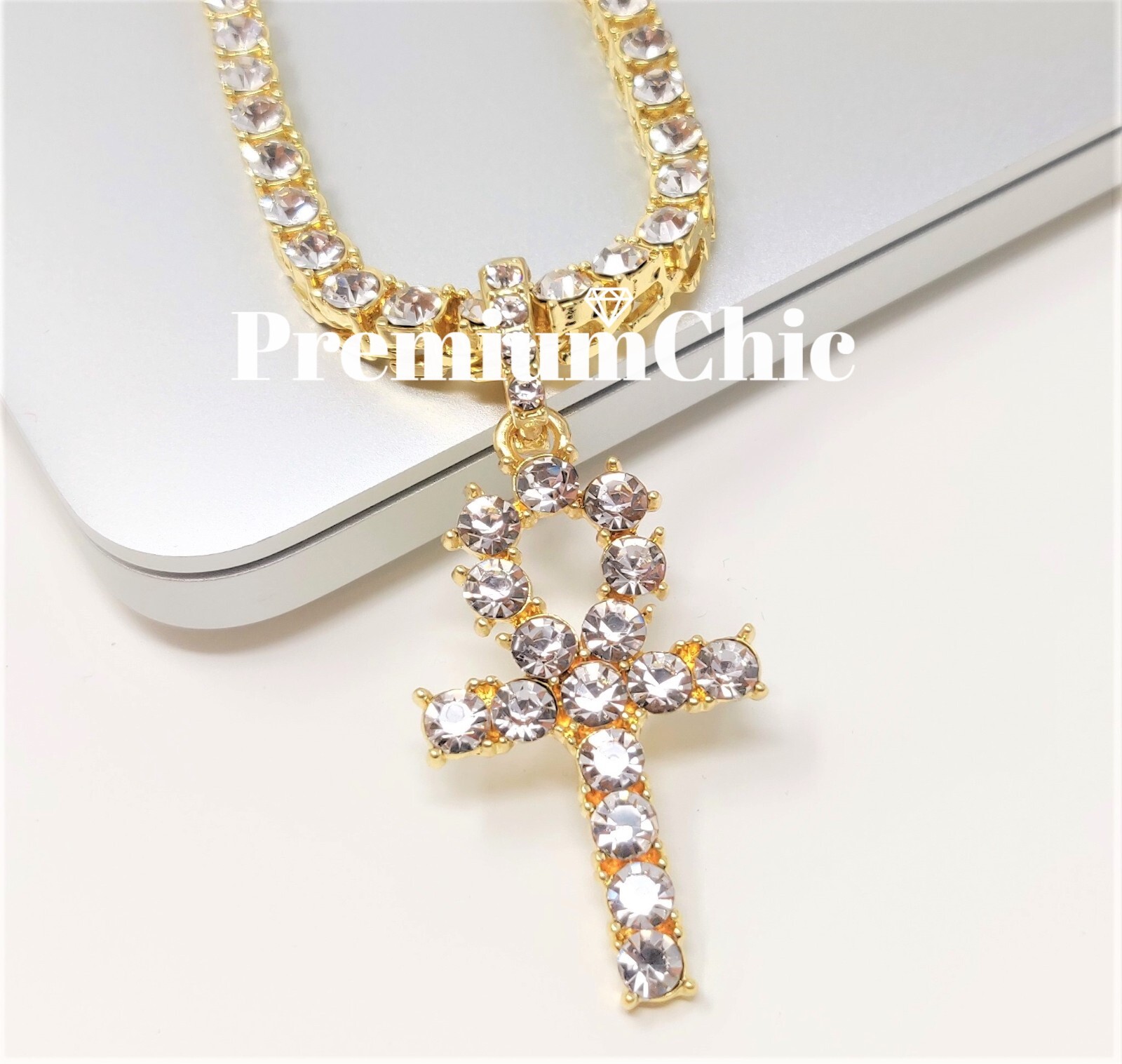 Iced ANKH Cross Pendant & Tennis Chain Mens Gold Plated CZ Hip Hop Necklace