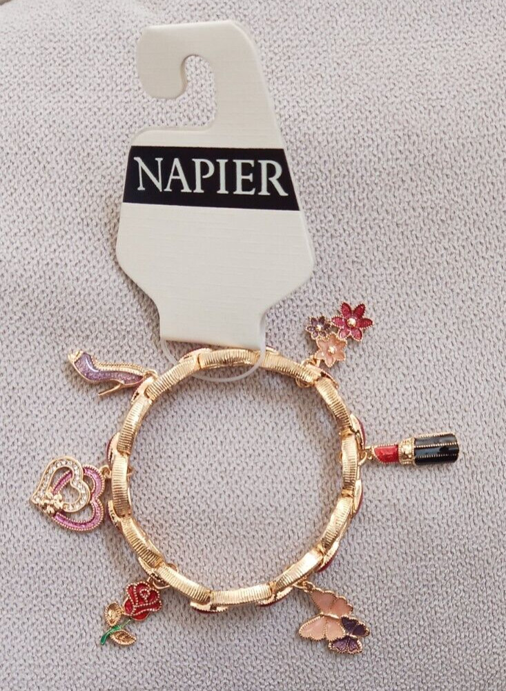NWT Napier Gold Tone Love & Beauty Charm Stretch Bracelet Heart Rose Lipstick ++