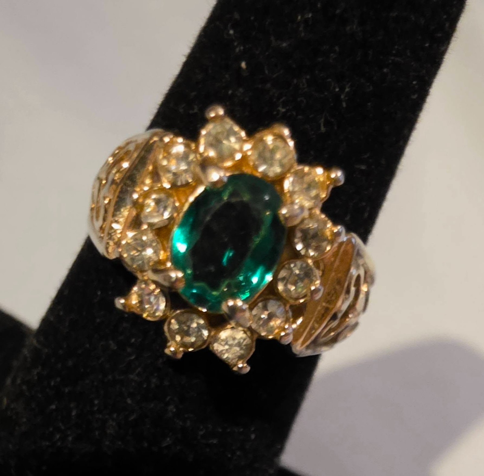 Oval Green Simulated Emerald and 12 CZ in 18K HGE Ring size 7