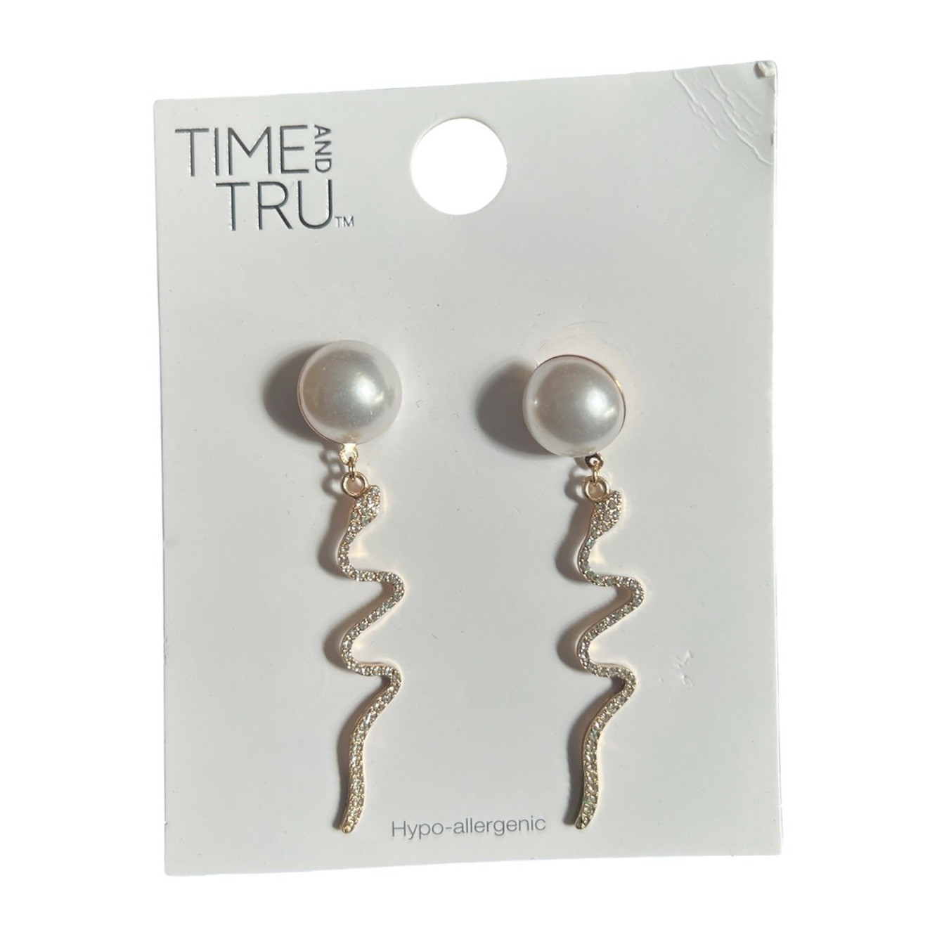Time and Tru Gold-Tone Pearl Drop Earrings with Sparkling Snake Dangles