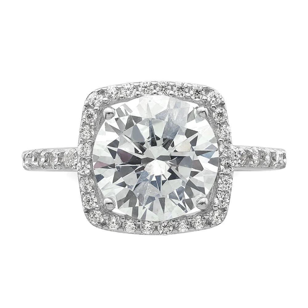 Sterling Silver Rhodium-Plated Polished CZ Square Halo Ring