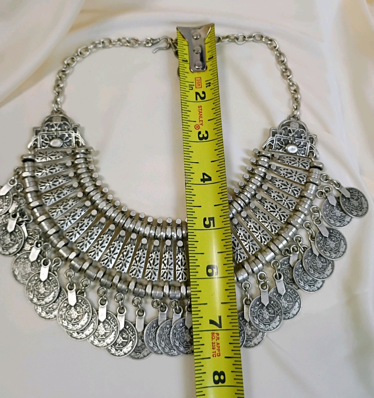 Silver Tone Metal Coin Charm Statement Bib Collar Necklace Cable Chain Hook