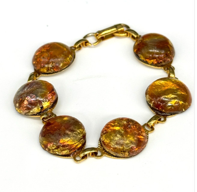 Vintage Bracelet Foil Acrylic Resin Cabochons Gold Tone 7.25 Inches