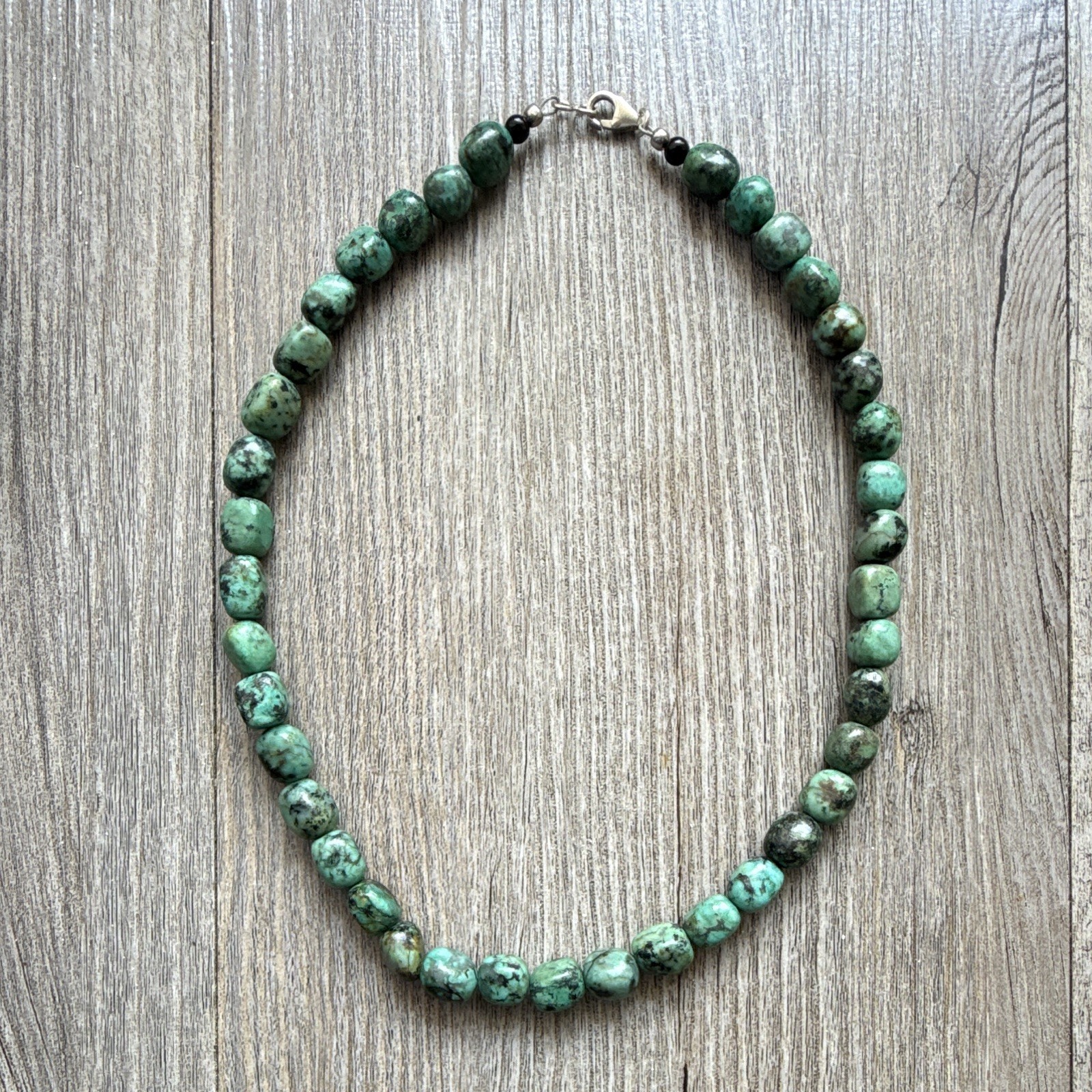 Green Turquoise Round Beaded Necklace Sterling Silver 925 Lobster Clasp