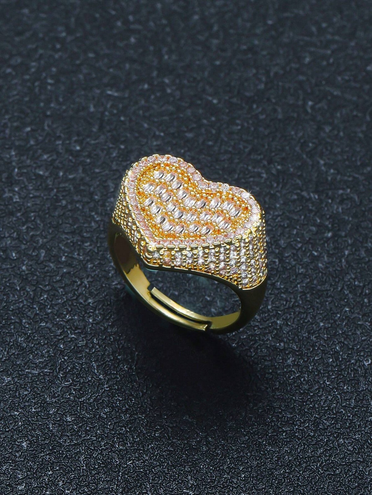 Womens Iced Out Heart Shaped Ring Adjustable Bling CZ Statement Jewelry Gift