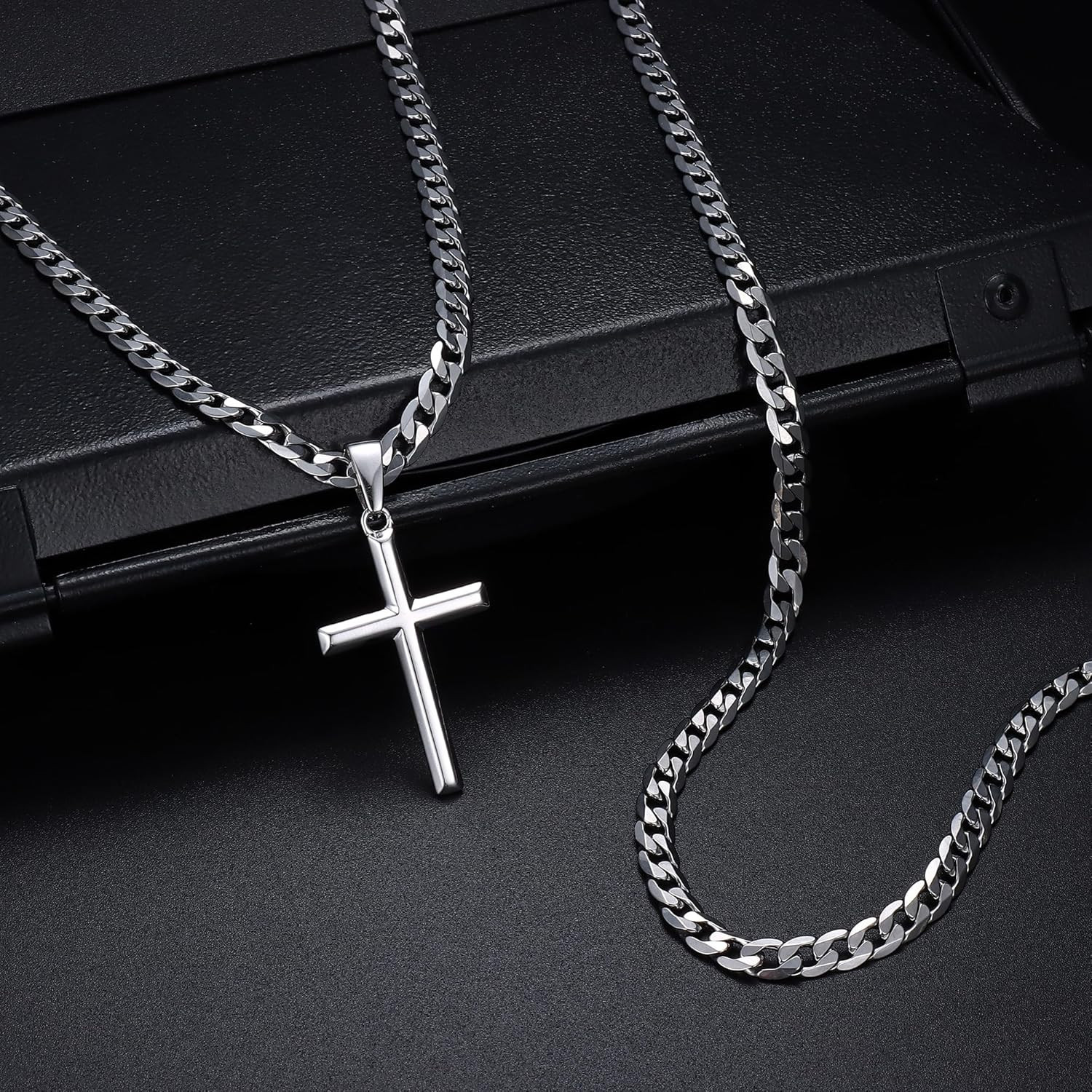 925 Sterling Silver Cross Necklace Beveled Edge for Men Women 5Mm Stainless Stee