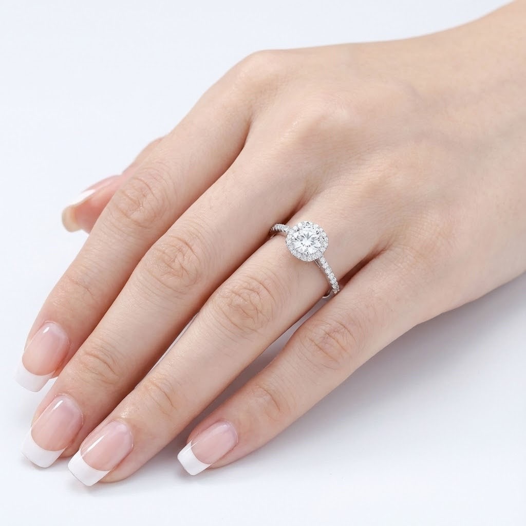 Side Stone Engagement Ring 14K Gold Halo Round 1.35 CT Lab-Grown Diamond F VS1