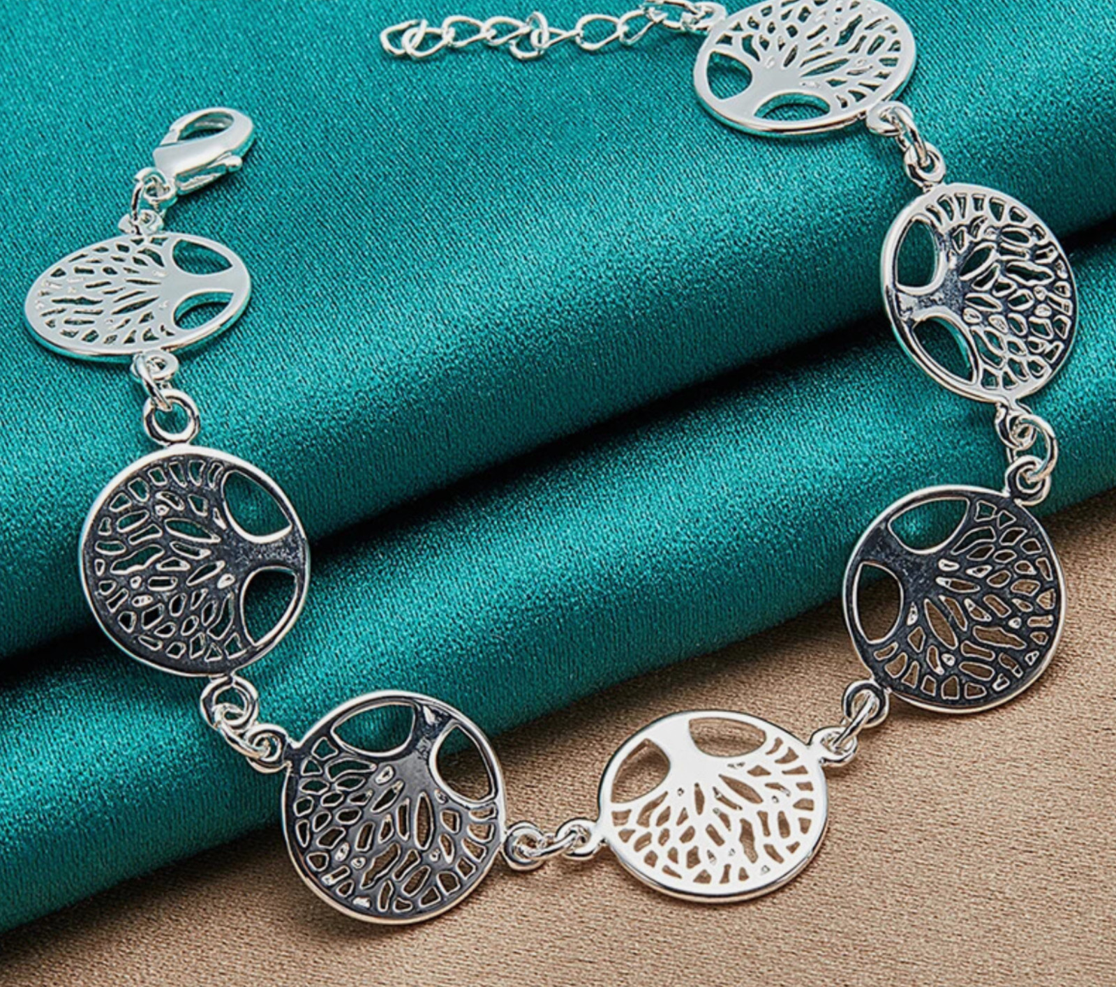 .925 Sterling Silver Rounds Link Filigree Tree of Life Chain Bracelet 7 – 9 in